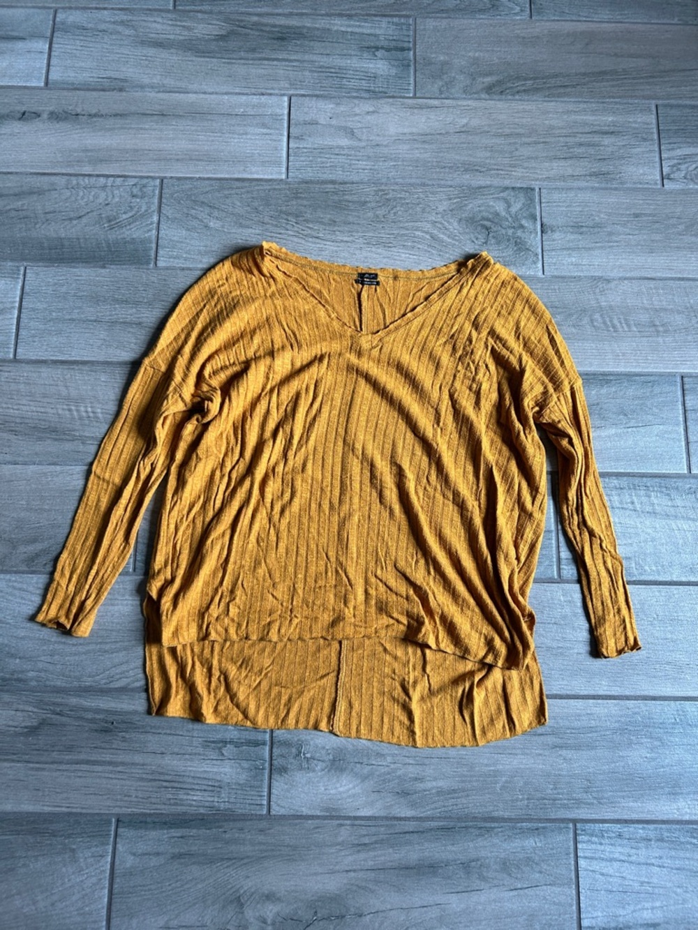 V-Neck Long-Sleeve Ribbed Sweater Tunic - Mustard